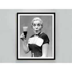 Prohibition Print, Woman Drinking Beer Poster, Black and White, Vintage Photo, Bar Cart Print, Cocktail Wall Art, Speake