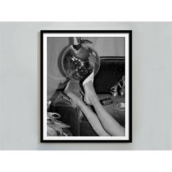 high heels disco ball print, black and white, fashion poster, feminist print, printable wall art, teen girl bedroom deco