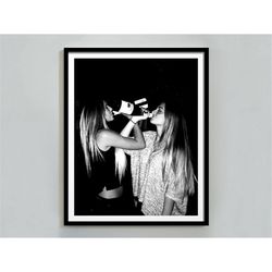 women drinking wine print, vintage poster, black and white, alcohol wall art, bar cart print, teen girl room decor, femi