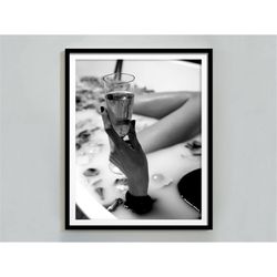 feminist poster, woman drinking champagne in bathtub print, black and white, alcohol wall art, teen girls bathroom decor