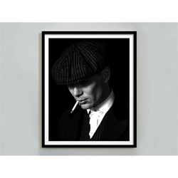 peaky blinders smoking poster, thomas shelby, black and white, vintage print, hollywood wall art, man cave decor, canvas