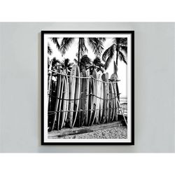 surfboards in hawaii poster, black and white, vintage print, surfboard wall art, beach house decor, beach photography, p