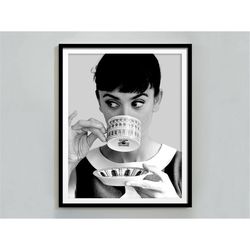 Audrey Hepburn Drinking Coffee Poster, Black and White, Vintage Photo, Audrey Hepburn Print, Coffee Shop Decor, Kitchen