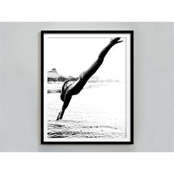 Woman Swimming Print, Black and White, Beach Photography, Diving, Feminist Poster, Girls Bedroom Decor, Printable Wall A