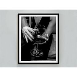 woman drinking wine poster, bar cart wall art, black and white, luxury fashion print, alcohol poster, teen girl room dec