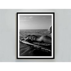 Woman Surfing in Hawaii Print, Black and White Wall Art, Beach Photography, Vintage Surf Poster, Beach House Decor, Summ