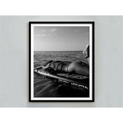 woman surfing in hawaii print, black and white wall art, beach photography, vintage surf poster, beach house decor, summ