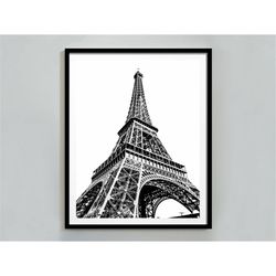 eiffel tower in paris print, france poster, black and white, eiffel tower decor, minimalist wall art, digital download,