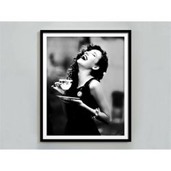 Woman Drinking Coffee Poster, Black and White, Vintage Photography, Kitchen Print, Dining Room Wall Art, Coffee Shop Dec