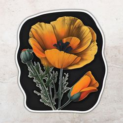 flower sticker, california poppy sticker, laptop decal, car sticker, plant lover gift, die cut, waterproof