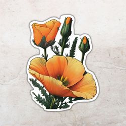 flower sticker, california poppy sticker, plant decal, sticker for laptop, bumper, water bottle, die cut, waterproof
