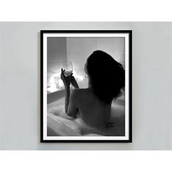 woman drinking wine in bathtub print, black and white, bathroom wall art, vintage feminist poster, girls bathroom decor,