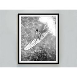 woman surfing print, black and white, feminist poster, ocean wall art, vintage beach print, teen girl room decor, surf p