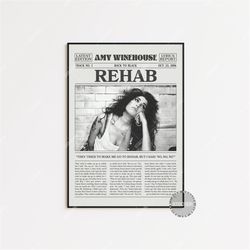 amy winehouse retro newspaper print, rehab poster, rehab lyrics print, back to black poster, amy winehouse poster, home