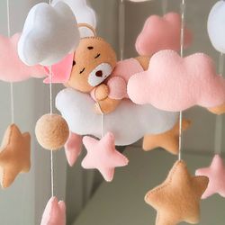 Baby Mobile with Teddy Bear, Moon, Clouds and Stars, Pink Beige Nursery Mobile, Crib mobile, Girl Nursery Decor