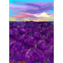 Lavender Fields Sunset Sky Art Print Digital Painting Wall Decor