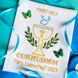 FIRST HOLY COMMUNION with Alphabet and Numbers cross stitch pattern PDF by CrossStitchingForFun Instant Download