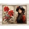 Victorian Christmas White Junk Journal Pages. A girl with brown hair in a black hat with flowers and a black Victorian dress with red sleeves. Red Holly Berries