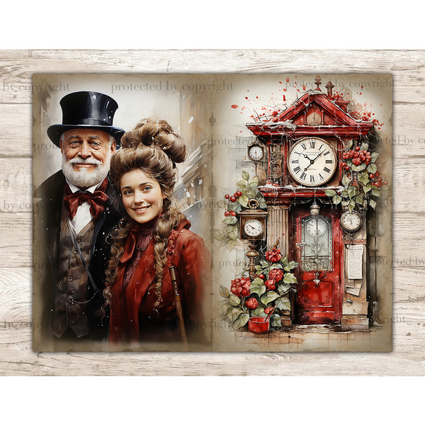 Victorian Christmas White Junk Journal Pages. A bearded grandfather in a black hat and a Victorian cloak with a red bow on his shirt stands with a girl with bro