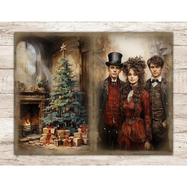 Victorian Christmas White Junk Journal Pages. Two young men in jackets and a girl in a red Victorian dress are celebrating Christmas. The light from the window