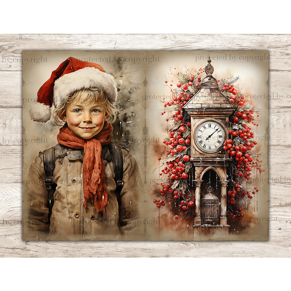 Victorian Christmas White Junk Journal Pages. A white-skinned blond boy in Victorian clothes with a red scarf around his neck with a backpack on his shoulders a