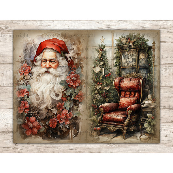 Victorian Christmas White Junk Journal Pages. Victorian Santa Claus among Poisentia Christmas flowers. Cozy red vintage Victorian Christmas chair next to a Chri