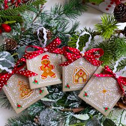 set of 4 gingerbread christmas ornaments cross stitch patterns pdf by crossstitchingforfun, instant download