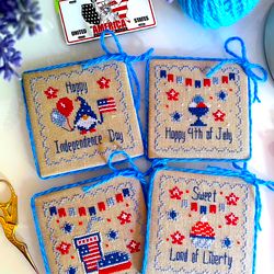 Set of 4 Sweet Patriotic Ornaments by CrossStitchingForFun Instant download, The 4th of July cross stitch pattern PDF