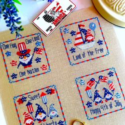 patriotic usa gnomes set of 4 ornaments cross stitch pattern pdf by crossstitchingforfun instant download