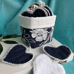 Eco-Friendly Self Care Gift Set: 10 Reusable Face Pads, Embroidered Boho Denim Basket, Sustainable Skincare