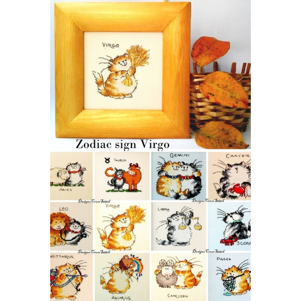 Zodiac Sign Virgo, Embroidered Finished Picture Ginger Cat, Birthday Gift for Virgo, Funny Cats Cross Stitch.jpg