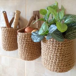 hanging wall baskets set of 3 vegetable baskets hanging fruit baskets crochet jute basket rustic baskets set