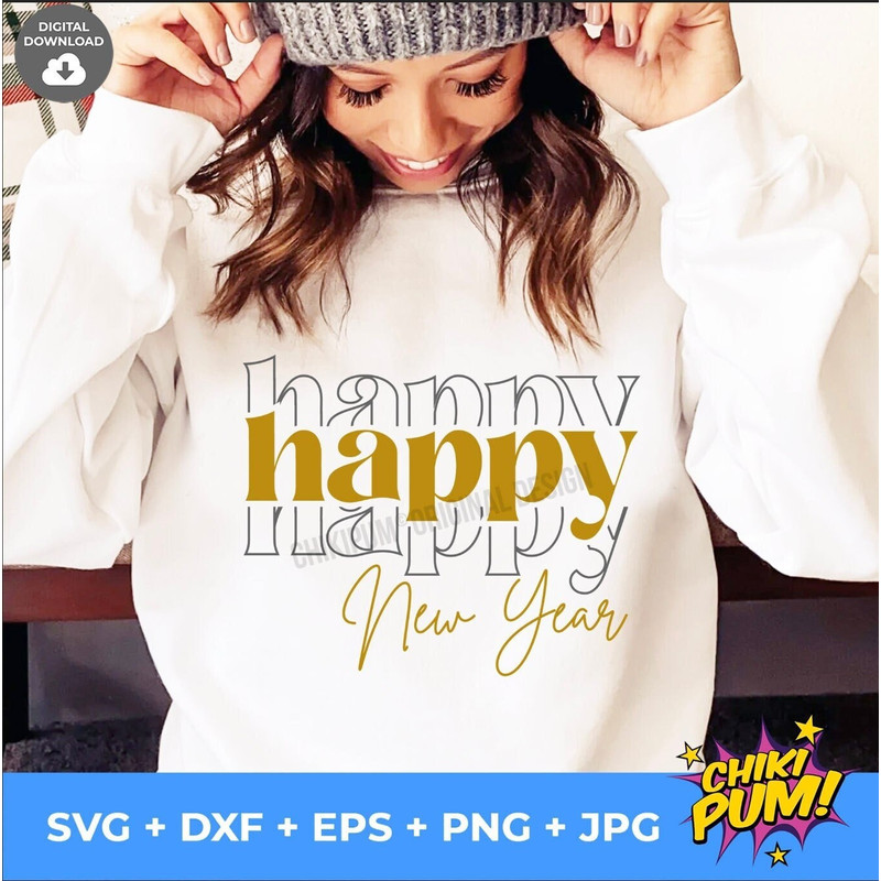 Happy Happy Happy New Year SVG, New Year Shirt SVG, Retro New Year SVG, Vintage Holiday Svg, Boho New Year - 1.jpg