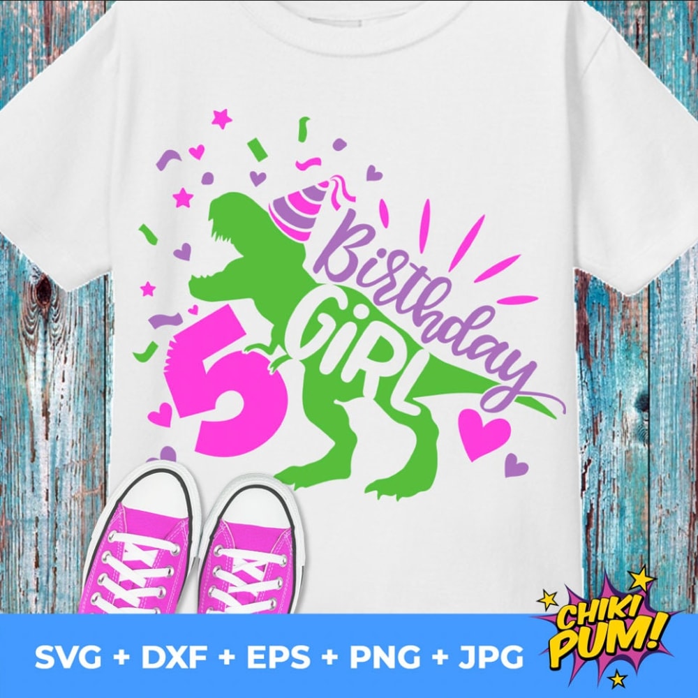 Dinosaur Birthday Girl Svg, Fifth Birthday Cut File, Five Rex Svg, 5th Birthday Svg Dxf Eps Png, T-Rex Shirt Design, Silhouette Cricut - 2.jpg