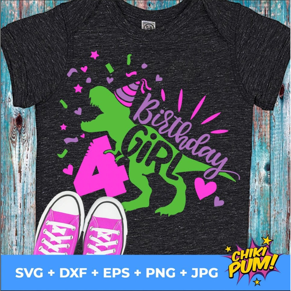 Dinosaur Birthday Girl Svg, Fourth Birthday Cut File, Four Rex Svg, 4th Birthday Svg Dxf Eps Png, T-Rex Shirt Design, Silhouette Cricut - 1.jpg