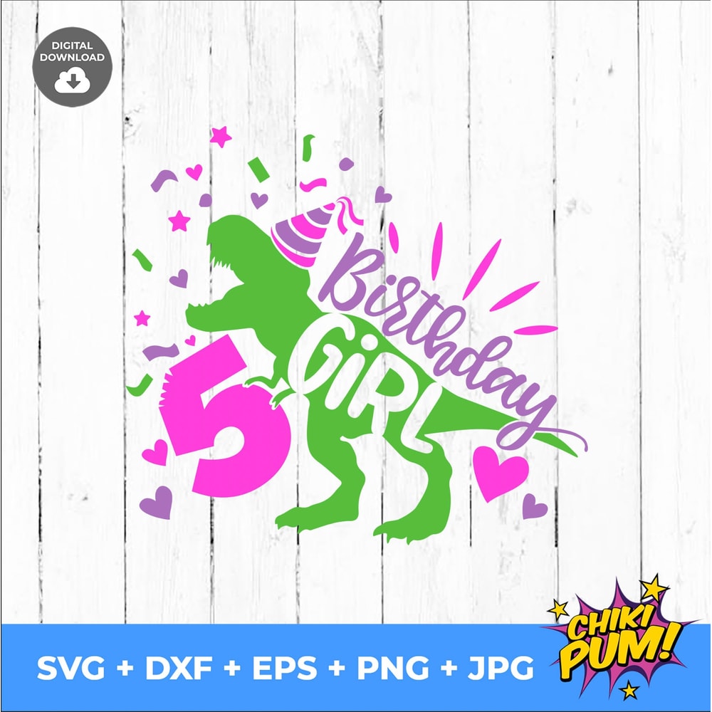 Dinosaur Birthday Girl Svg, Fifth Birthday Cut File, Five Rex Svg, 5th Birthday Svg Dxf Eps Png, T-Rex Shirt Design, Silhouette Cricut - 5.jpg