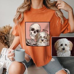 custom watercolor pet portrait shirt, funny skeleton hallowe