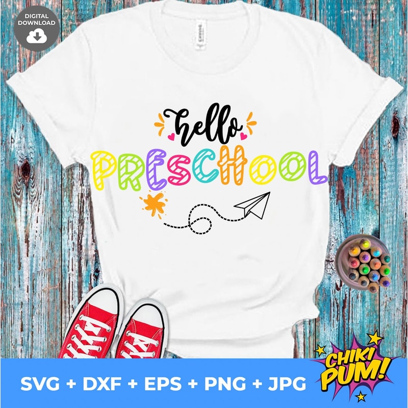 Hello Preschool Svg, 1st Day of School Cut Files, Preschool svg, Back To School Svg, Dxf, Eps, Png, School Shirt Design, Silhouette, Cricut - 1.jpg