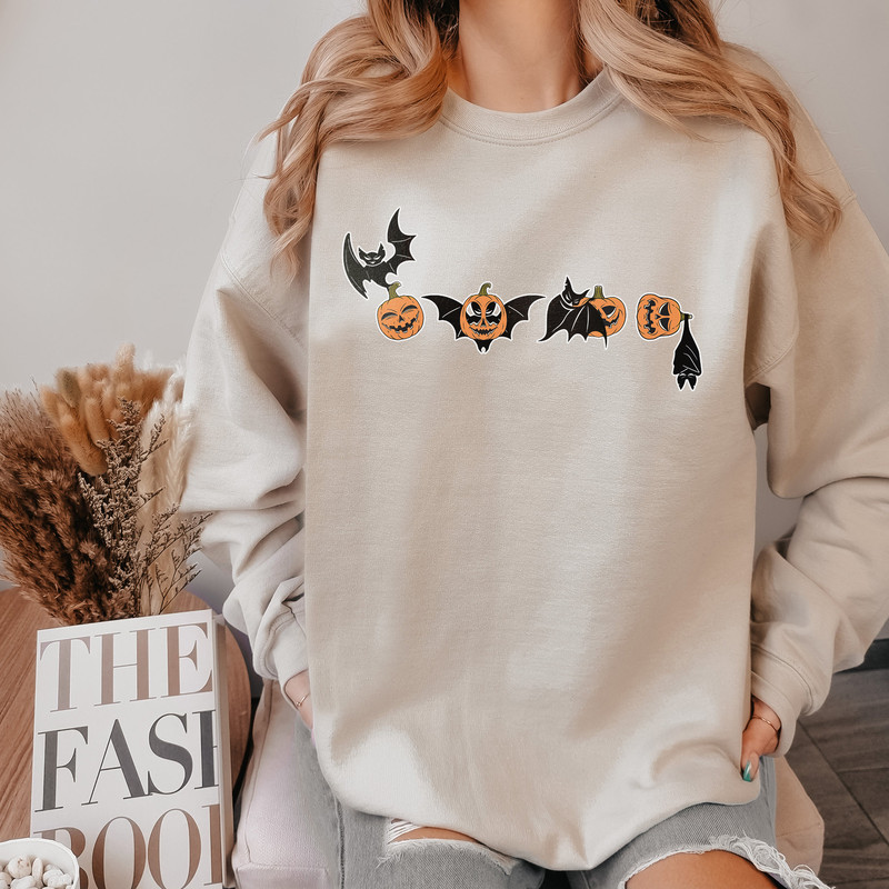 Retro Bat And Pumpkin Halloween Sweatshirt, Vintage Funny Bat Halloween Shirt For Spooky Season, Pumpkin Halloween Sweater For Women - 1.jpg