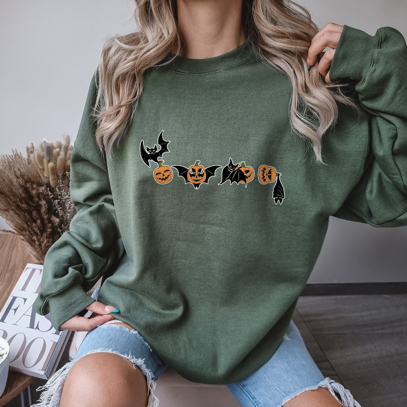Retro Bat And Pumpkin Halloween Sweatshirt, Vintage Funny Bat Halloween Shirt For Spooky Season, Pumpkin Halloween Sweater For Women - 2.jpg