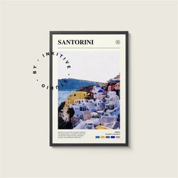 santorini poster - greece - digital watercolor photo, painted travel print, framed travel photo, wall art, home decor, t