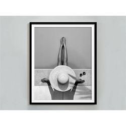 woman in swimming pool print, black and white wall art, fashion print, vintage photography, printable, summer poster, te