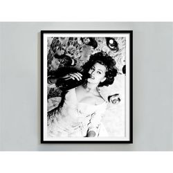 Sophia Loren Drinking Wine Poster, Black and White, Vintage Photo, Old Hollwood Decor, Sophia Loren Print, Alcohol Wall