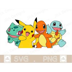 pikachu, charmander, squirtle, bulbasaur svg & png, pokemon svg  - cricut cut file