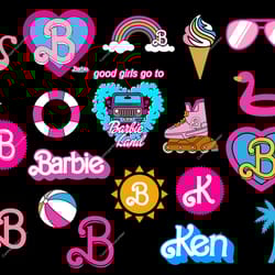 barbie png bundle, barbi icons retro logo png, malibu beach jeep doll png, barbie best day ever png, barbie and ken png,
