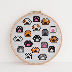 Paws cross stitch pattern, Cute Cat cross stitch pattern, Modern hoop art embroidery design, Cute Kitten cross stitch