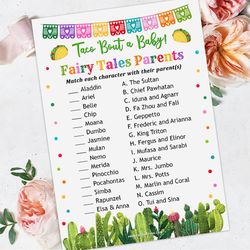 Fairy Tales Parents Taco Baby Shower Game, Fairy Tales Parents Match Game Taco Bout Baby Shower Fairy Tales Parents Game