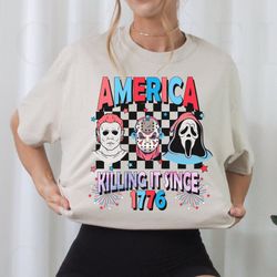america killin it since 1776 t-shirt, 4th of july horror movie shirt, freddy myers and jason sweatshirt, scary movie tee