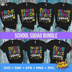 hello school svg bundle, school squad bundle svg, pre-k kindergarten 1st 2nd 3rd 4th 5th grade, first day shirt svg, cut