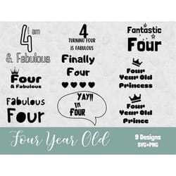 four year old svg bundle, svg files for cricut, 4 years svg, 4 year birthday svg, kids birthday shirt svg, four and fab